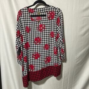 Anne Klein 2c black white houndstooth red flower ho low hemline euc